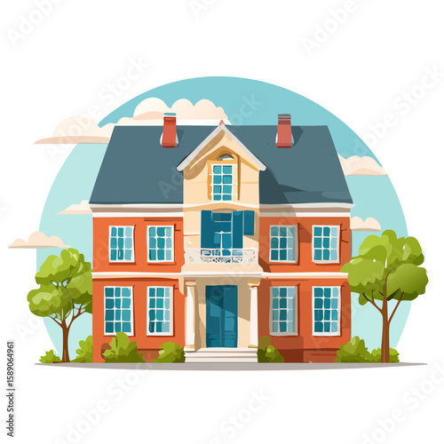 Charming Two-Story House with Trees and Sky, Vector Illustration