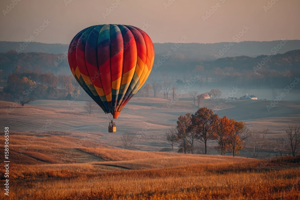 Obraz premium A vibrant hot air balloon floats gracefully above golden fields, with warm colors illuminating the morning sky and trees in the distance