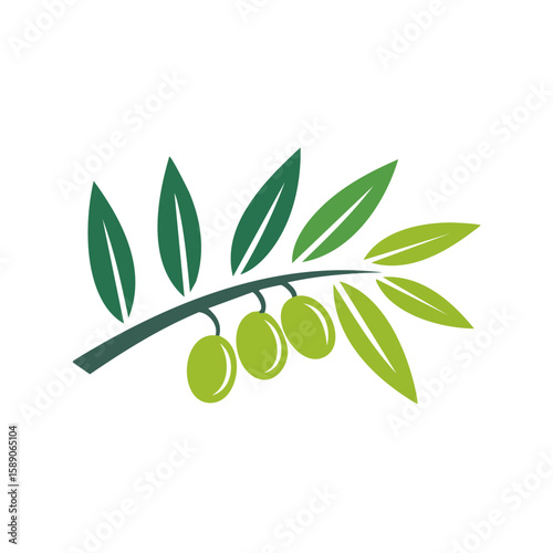 Stylized Olive Branch with Green Olives and Leaves Against Black Background