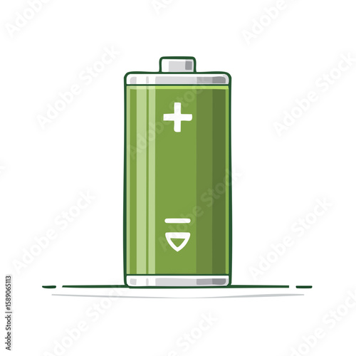 Isolated green battery illustration with plus and minus signs on a black background, energy concept