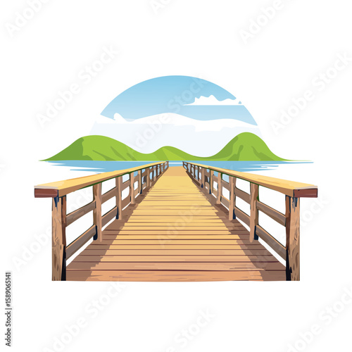 Pier stretching out towards mountains on a clear day with still water.