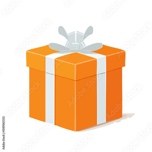 Orange Gift Box with White Ribbon and Shadow, vector style