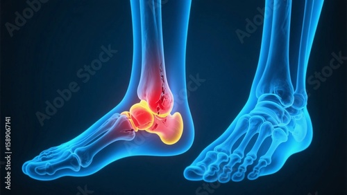 Medical visualization style, with the help of color rendering and transparent presentation of bones, intuitively shows the anatomical structure of the ankle joint and the painful and areas.