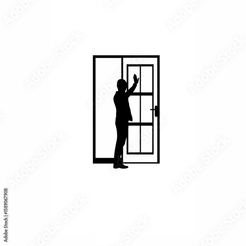 Silhouette of person knocking on office door on white background