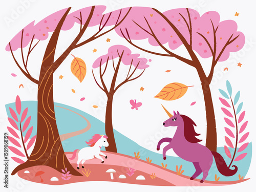 Enchanted forest with magical creatures. Whimsical fairy-tale vector, flowing organic shapes, ethereal lighting, and dreamy pastel hues
