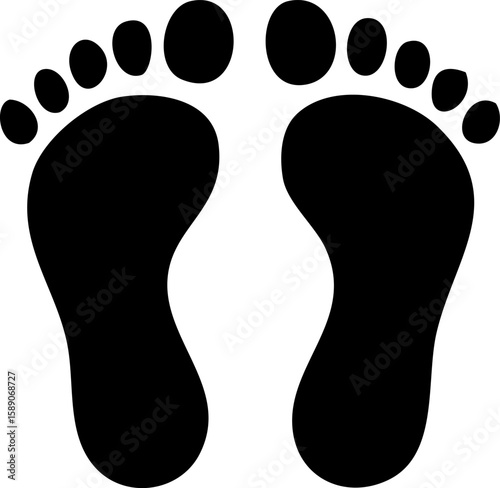 Flat monochrome human footprint icon in high-contrast vector style, ideal for minimal UI, app design, or modern signage with geometric precision and clean composition.