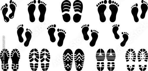 	
Set of human footprint silhouettes including adult shoes, bare feet, baby steps, and hiking boots in flat vector style on white background, modern layout for signage, app UI, and infographics