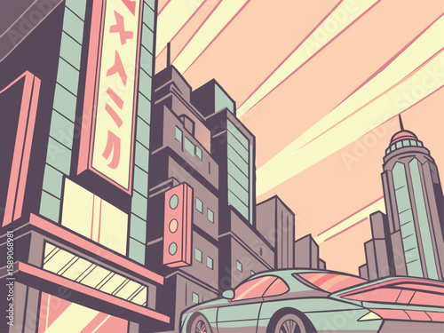 Cyberpunk city with flying cars and neon signs. Digital art vector, futuristic sharp edges, electric blues and pinks, and high-tech urban details