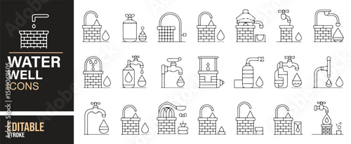 Icon set representing water well systems for sustainable agriculture, farming, and environmental solutions.