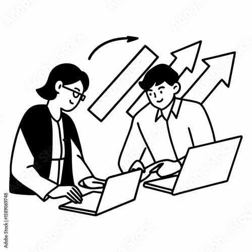 Minimalist line art of a mentor coaching a young entrepreneur, sitting with notebooks and laptops, arrows and progress icons in background, simple outline