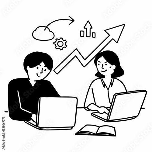 Minimalist line art of a mentor coaching a young entrepreneur, sitting with notebooks and laptops, arrows and progress icons in background, simple outline