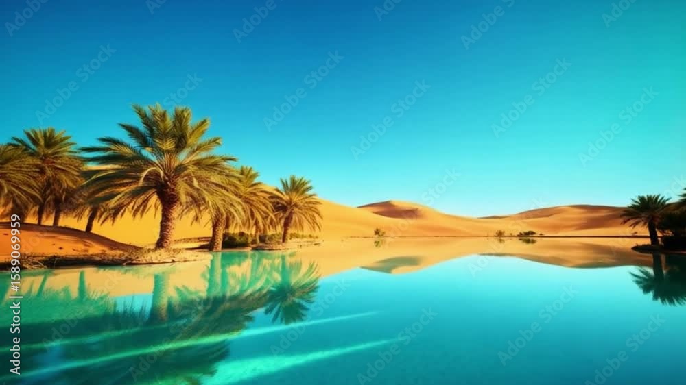 Desert oasis with palm trees reflecting in still water under a clear blue sky in bright sunlight landscape video Desert oasis with palm trees reflecting in still water under a clear blue sky in bright sunlight landscape video