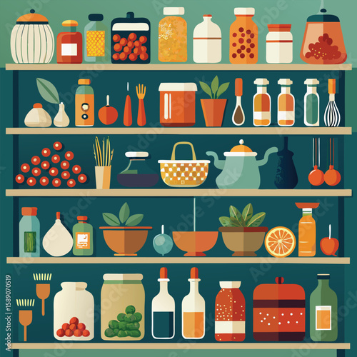 A colorful pantry illustration displaying various food jars and kitchen items on shelves suitable for culinary and food themed design projects