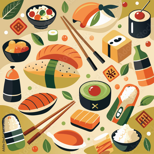 A delicious and colorful illustration showcasing a variety of sushi rolls and other japanese cuisine elements with an artistic and illustrative style