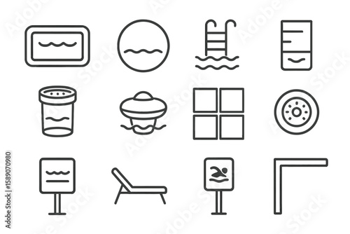 Set of poolside icons: swimming, diving, and relaxation symbols