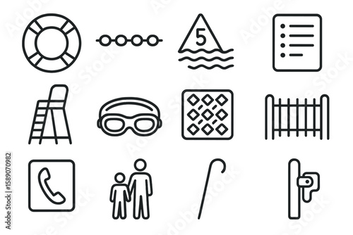 Swimming pool safety icons: lifebuoy, fence, goggles, swim area, ladder