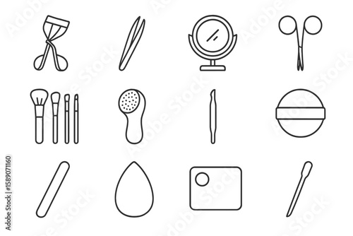 Set of makeup and beauty tools icons on dark background
