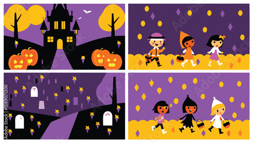 Four halloween scenes depicting a haunted house, graveyard, and children trick or treating at night time