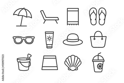 Beach essentials icons: umbrella, flip-flops, sunglasses, shell, hat