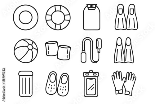 Collection of simple swimming and beach icon designs in gray