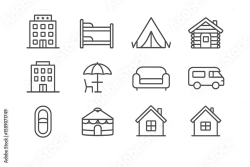 Various accommodation icons: hotel, tent, cabin, camper, yurt, house
