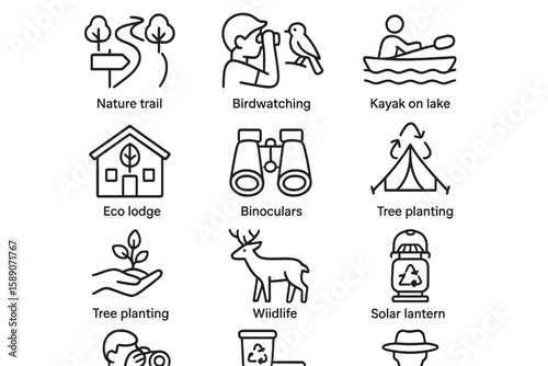 Outdoor activities icons: birdwatching, kayaking, eco lodge, wildlife, tree planting