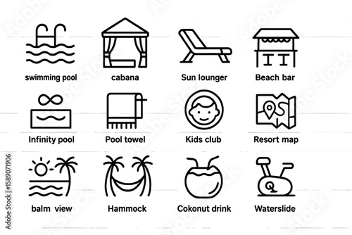 Resort amenities icons: pool, cabana, beach bar, lounge, kids club, hammock