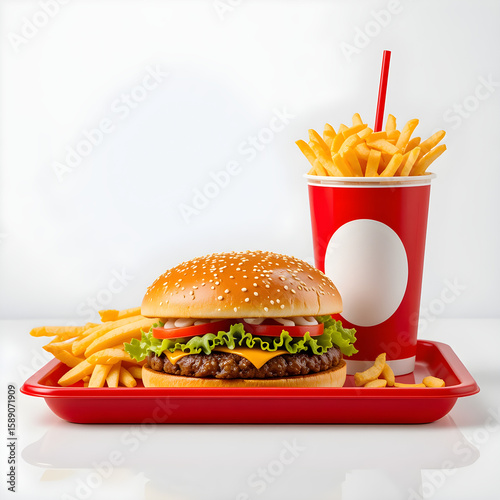Fast Food Combo in Bright Studio Light A fast food-style burger with fries and a cold drink on a red tray