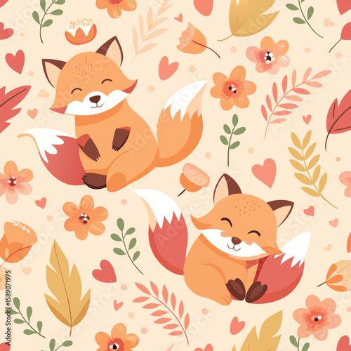 Adorable vector illustration featuring two cheerful foxes with floral elements and hearts seamlessly arranged for designs