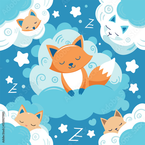 Adorable sleeping fox in a dreamy cloudscape with stars and sleep symbols illustrating sweet dreams