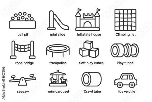 Indoor playground equipment icons: slide, castle, climbing, carousel, vehicle