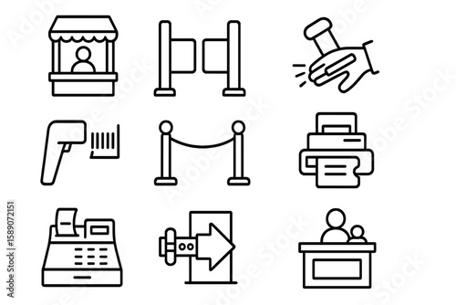 Simplified black icons of transaction and security equipment