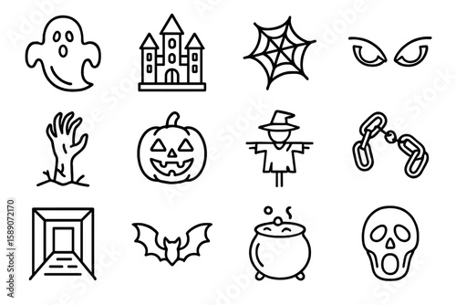 Halloween icons: ghosts, spiders, pumpkins, and more in eerie black and white