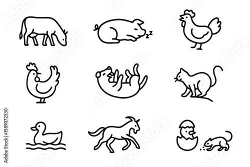 Cartoon farm animals icons set: cow, pig, chicken, cat, duck, horse, chick