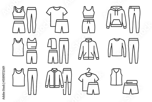 Outline illustrations of various types of casual and sports apparel