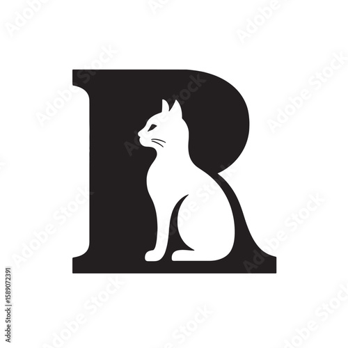 White cat sitting inside black letter r feline animal