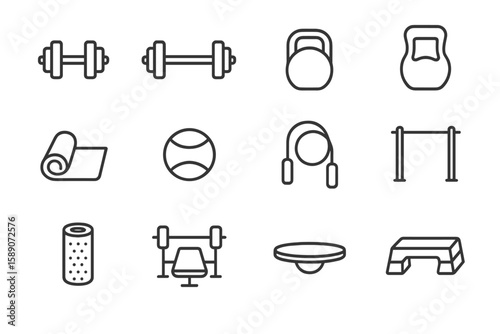 Fitness equipment icons on dark background: dumbbells, kettlebells, mat, jump rope