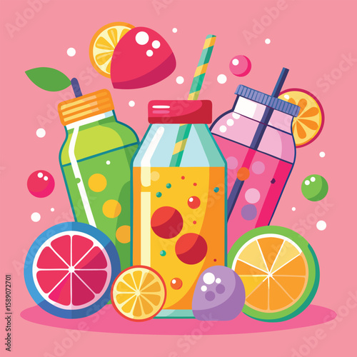 Colorful and vibrant fruit smoothies in jars with fresh citrus fruits and summer bubbles on a pink background illustration