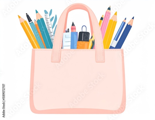 Pink Tote Bag Overflowing With Colorful Pencils and Art Supplies Against White Background