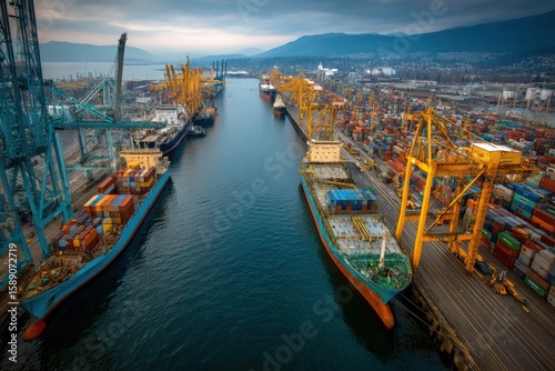 Container ships are docked in a bustling harbor while cranes load and unload cargo under a cloudy sky, creating an industrious atmosphere