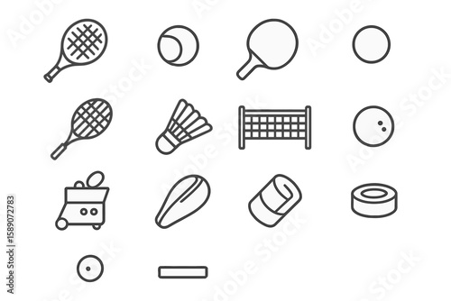 Minimalist sports icons: tennis, badminton, ping pong, and bowling elements
