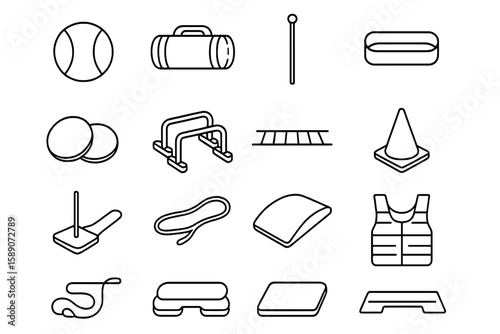 Assorted gym equipment icons on dark background
