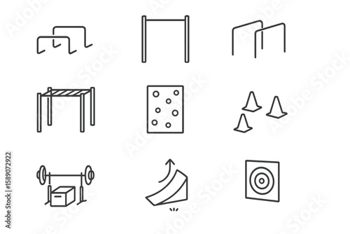 Gym equipment icons for training and exercise in minimalist style