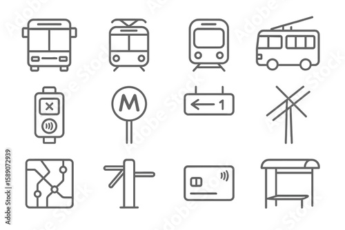 Urban public transportation icons in minimalist monochrome design