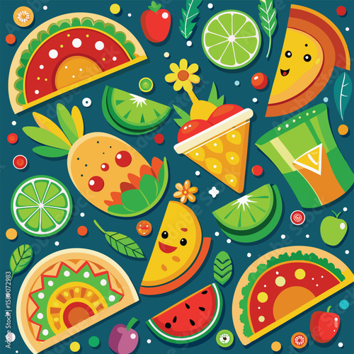 Colorful flat lay featuring various delightful food items including tacos, fruit, watermelon, and pineapple on a teal background to create a playful design.