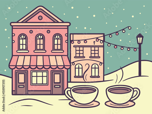 Cozy winter cityscape with snow and holiday lights. Stylized cartoon vector in soft pastel blues and whites, featuring charming details like steaming coffee cups and twinkling windows
