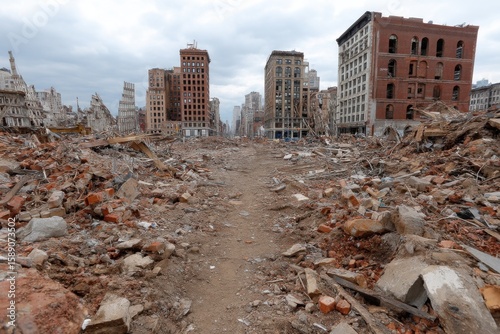 Rubble and abandoned buildings create a desolate landscape in a city affected by disaster, where life and activity are now absent