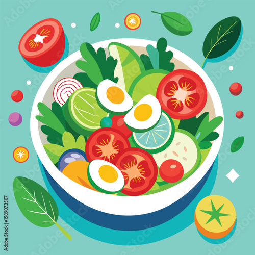 Delicious and healthy vegetable salad illustration featuring fresh tomatoes lettuce cucumbers and boiled eggs arranged as a fruit