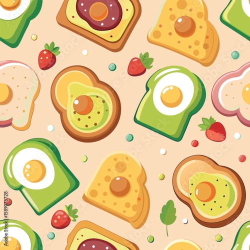 Delicious breakfast illustration a colorful appetizing design featuring an assortment of toast variations with eggs strawberries and avocado for a yummy fruit