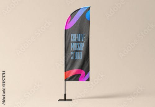 Vertical Fabric Flag Mockup with Rounded Top on Stand 